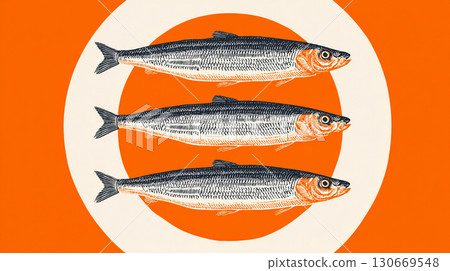 Illustration of three sardines fish arranged in a circular design with an orange background and concentric circles. Modern poster. 130669548