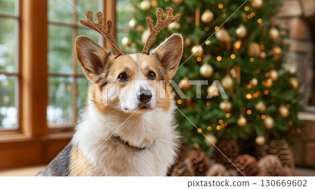 Corgi dog wearing festive antlers sits gracefully in front of a beautifully decorated Christmas tree with warm lights 130669602