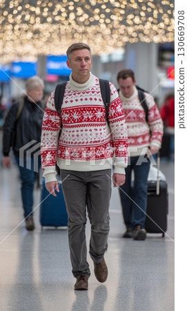 Travelers dressed in festive holiday sweaters navigate a busy airport terminal filled with decorations and bustling crowds during the Christmas season 130669708
