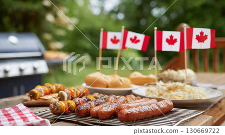 Grilling Canada Day feast in a backyard setting with sausages, vegetables, and festive decorations 130669722