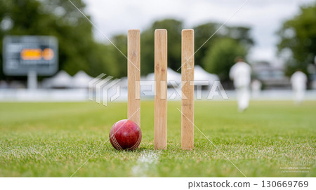 Cricket ball resting near stumps at a match during a cloudy day in a green field, showcasing the game's equipment and atmosphere 130669769