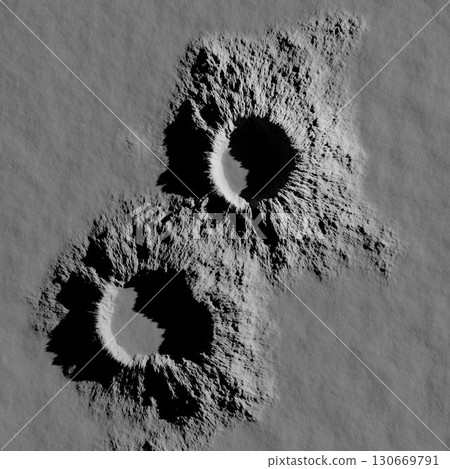 3d rendering. A meteorite crater on the surface of a satellite, moon or planet. Procedurally generated crater texture. 130669791