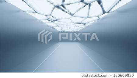 3D rendering. Abstract background of a long dormitory with neon lights on the ceiling in the form of an irregular geometric shape. Minimalistic design for poster, cover, branding, banner, poster. 3D rendering. Abstract background of a long dormitory with neon lights on the ceiling in the form of an irregular geometric shape. Minimalistic design for poster, cover, branding, banner, poster. 130669830