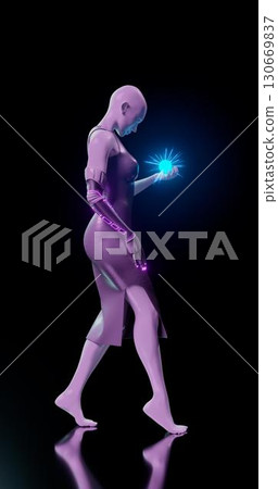 3d rendering. Woman mannequin in blue and pink neon lighting with biomechanical hand holds a luminous ball. Isolated background. Bionic prosthesis with neonous decorative inserts 3d rendering. Woman mannequin in blue and pink neon lighting with biomechanical hand holds a luminous ball. Isolated background. Bionic prosthesis with neonous decorative inserts 130669837