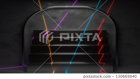 3d rendering. A platform or pedestal for your object presentation. Illumination with laser beams. Futuristic illustration. 3d rendering. A platform or pedestal for your object presentation. Illumination with laser beams. Futuristic illustration. 130669840