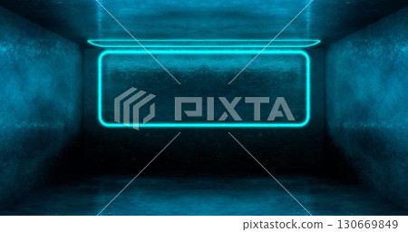 3d rendering. A neon rectangle or square of light blue color in a dark room. Glossy hatching on the walls. 3d rendering. A neon rectangle or square of light blue color in a dark room. Glossy hatching on the walls. 130669849