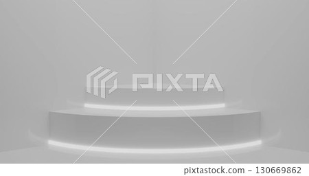 3d rendering. Abstract composition of geometric shapes in a bright room with neon lighting. A podium for your mockup. 3d rendering. Abstract composition of geometric shapes in a bright room with neon lighting. A podium for your mockup. 130669862