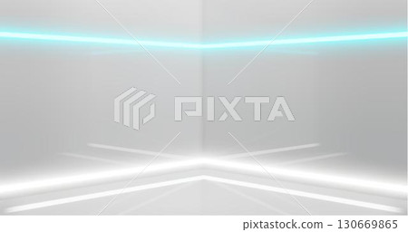 3d rendering. Abstract composition of geometric shapes in a bright room with neon lighting. A podium for your mockup. 3d rendering. Abstract composition of geometric shapes in a bright room with neon lighting. A podium for your mockup. 130669865