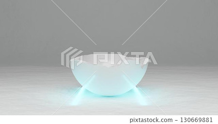 3d rendering. White pieces of stone sphere with broken textured edges in neon light blue lighting, stone damaged spheres for product display background. 130669881