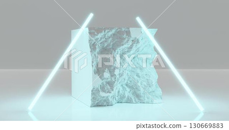 3d rendering. White pieces of stone wall with broken textured edges in neon light blue lighting, rubble stone slabs for product display background. 130669883
