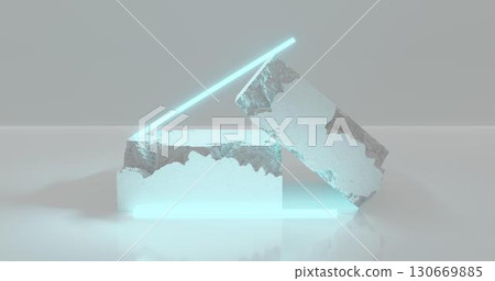 3d rendering. White pieces of stone wall with broken textured edges in neon light blue lighting, rubble stone slabs for product display background. 130669885