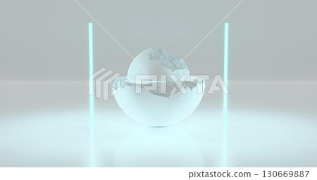 3d rendering. White pieces of stone sphere with broken textured edges in neon light blue lighting, stone damaged spheres for product display background. 130669887
