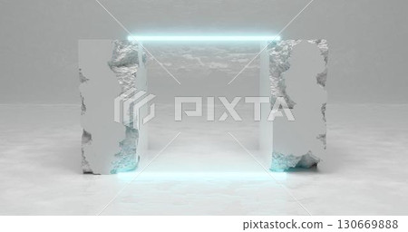 3d rendering. White pieces of stone wall with broken textured edges in neon light blue lighting, rubble stone slabs for product display background. 130669888