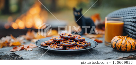 Delightful autumn treat of chocolate cookies adorned with sprinkles beside a glowing fire pit and festive decorations during a cozy outdoor gathering 130669933