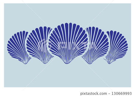 Artful linocut illustration of five blue shells arranged in a row on a light background showcasing intricate details and smooth lines 130669993