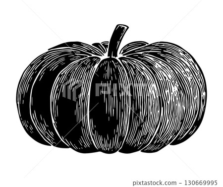 Linocut illustration of a pumpkin showcasing intricate detail and texture in a stylized design perfect for seasonal decor and creative projects 130669995