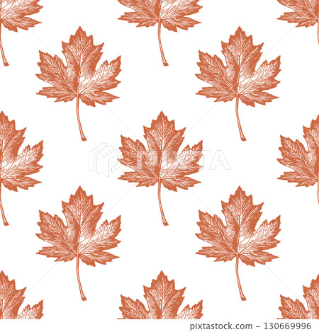 Linocut illustration seamless pattern of maple leaves showcasing intricate details and natural forms 130669996