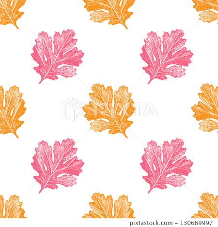 This seamless pattern features a vibrant linocut illustration of colorful leaves. The design combines pink and orange hues 130669997