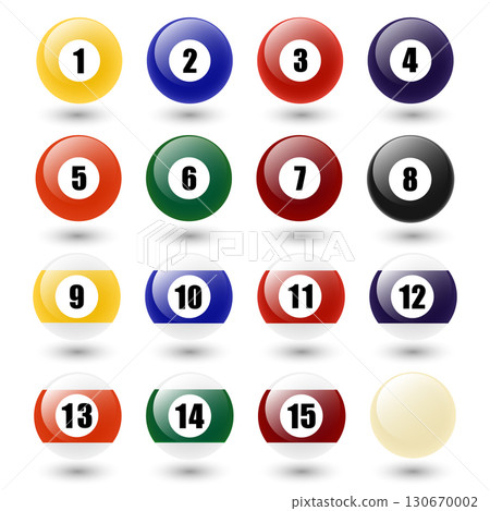 Billiard Pool Balls Vector Set with Numbers One to Fifteen and White Cue Ball. Realistic Colorful Snooker Balls Illustration Isolated. Sports Game Symbol for Bar and Competition 130670002