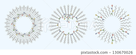 Thin line Christmas, New year wreath with color garland light. Holiday decorative vector elements. Winter season frame, fir branch, berry. Thin line Christmas, New year wreath with color garland light. Holiday decorative vector elements. Winter season frame, fir branch, berry. 130670026