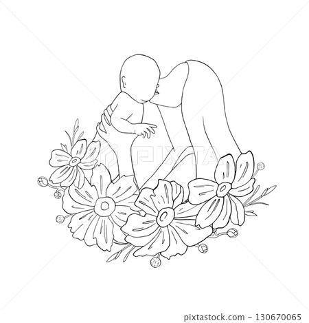 Mom kiss her baby with anemone flowers card. Mother picked up child in her arms. Graphic vector illustration, line art. Motherhood, Mother Day holiday. Bud for postcards, parenthood articles 130670065