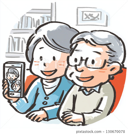 Illustration for a video call service information poster: A smiling senior couple talking on a smartphone with their grandchild 130670078