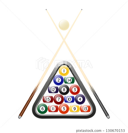 Billiard and Pool Balls in Triangle Rack with White Cue Ball and Two Pool Cues. Realistic Vector Illustration of Snooker Set Isolated. Sports, Bar, Casino, and Competition Design 130670153