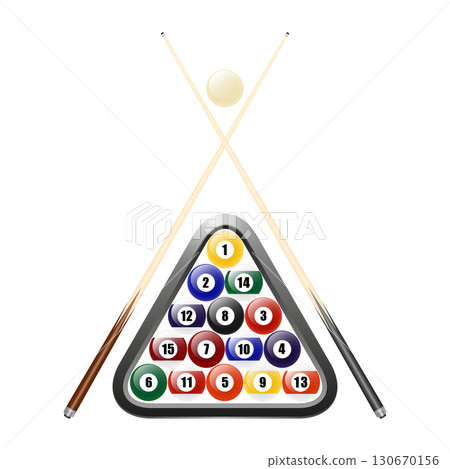 Billiard and Pool Balls in Triangle Rack with White Cue Ball and Two Pool Cues. Realistic Vector Illustration of Snooker Set Isolated. Sports, Bar, Casino, and Competition Design Billiard and Pool Balls in Triangle Rack with White Cue Ball and Two Pool Cues. Realistic Vector Illustration of Snooker Set Isolated. Sports, Bar, Casino, and Competition Design 130670156