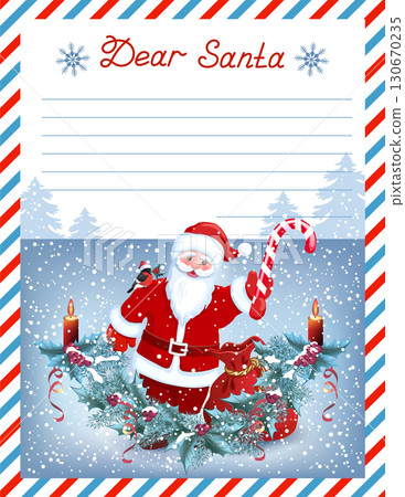 Layout letter template to Santa Claus with inscription "Dear Santa" and cartoon Santa with Christmas striped candy cane, bullfinch and spruce garland. Layout letter template to Santa Claus with inscription "Dear Santa" and cartoon Santa with Christmas striped candy cane, bullfinch and spruce garland. 130670235
