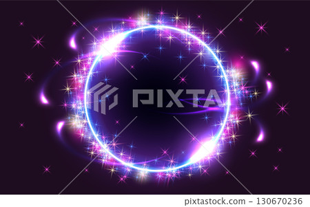 Glowing round frame on dark fantastic background. Abstract neon space portal into another dimension. Christmas holiday background. 130670236