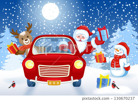 Christmas card with Santa Claus, fawn deer and funny Snowman in red vintage car with gift box against winter forest background. New Yea postcard in retro style. 130670237