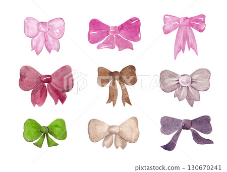 Multicolored bows: pink, red, brown, beige, green and purple. Large set. Festive accessories for your design. Isolated watercolor elements 130670241