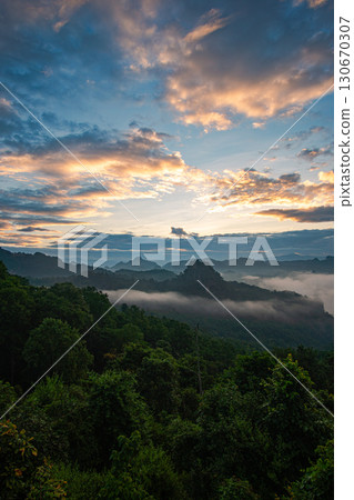 Aerial view of colorful sunrise above the sea of mist Aerial view of colorful sunrise above the sea of mist 130670307