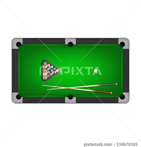Billiard and Pool Table Top View with Triangle Rack of Balls, White Cue Ball and Two Pool Cues. Realistic Vector Illustration of Snooker Game Isolated Billiard and Pool Table Top View with Triangle Rack of Balls, White Cue Ball and Two Pool Cues. Realistic Vector Illustration of Snooker Game Isolated 130670395