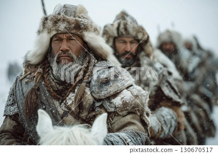 Warriors in fur coats battle against winter during the Nogai Kalmyk War in a snowy landscape Warriors in fur coats battle against winter during the Nogai Kalmyk War in a snowy landscape 130670517