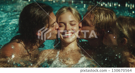 Joyful poolside kisses among friends celebrating love and equality at a resort Joyful poolside kisses among friends celebrating love and equality at a resort 130670564