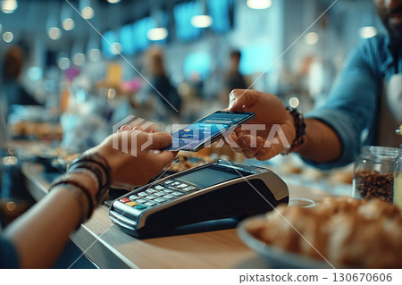 Customer uses smartphone for payment at checkout in bright modern store 130670606
