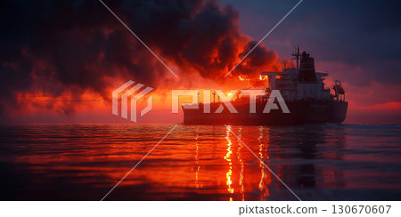 Cargo tanker ablaze at sea during dusk raises alarm over ecological disaster 130670607