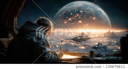 Writer creates an imaginative story amidst a dramatic space battle and distant moons Writer creates an imaginative story amidst a dramatic space battle and distant moons 130670612