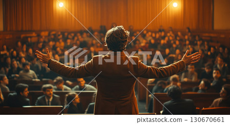 University lecturer engaging students in a packed auditorium setting. Header banner mockup with copy space. 130670661