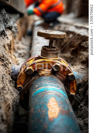 Water utility pipe repair in progress with a focus on the valve and pipe structure 130670662
