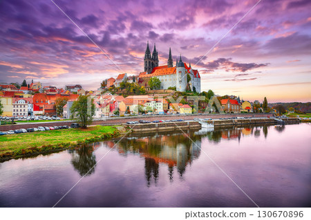 Amazing  view on Albrechtsburg castle and cathedral on the River Elbe with dramatic  sunset. 130670896