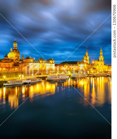 Amazing Sunset in Dresden on Elbe river with Cathedral of the Holy Trinity and Bruehl's Terrace. Amazing Sunset in Dresden on Elbe river with Cathedral of the Holy Trinity and Bruehl's Terrace. 130670906