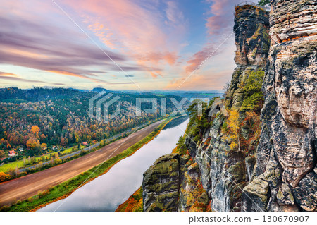 Amazing autumn landscape in Saxon Switzerland National Park. View of Elbe river from Bastei view point. 130670907