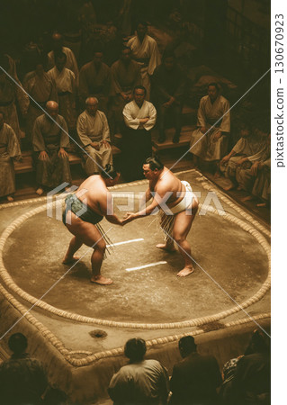 Two sumo wrestlers are in a competitive stance at a traditional dojo in Japan 130670923