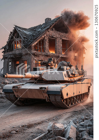 Modern tank fires at ruins of a destroyed house in a war torn landscape 130670925