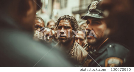 Police officers escort handcuffed suspect through angry crowd during an arrest in the city Police officers escort handcuffed suspect through angry crowd during an arrest in the city 130670950