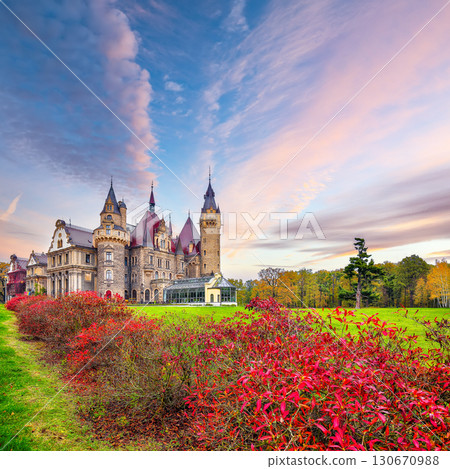 Amazing  autumn landscape with Moszna Castle. Popular tourist destination. 130670988