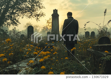 Soldier reflects on memories in a serene military cemetery surrounded by flowers 130671029