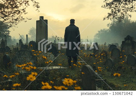 Silhouette of a soldier at a military cemetery in a foggy morning with flowers blooming 130671042